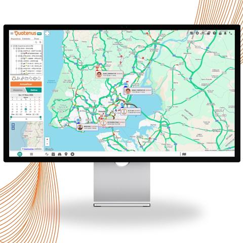 Ecrã com o sistema Quatenus aberto, exibindo mapa e a posição de viaturas. 
