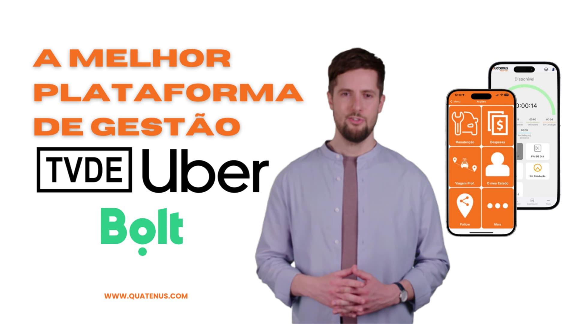 Promotional Quatenus image about TVDE fleet management with reference to Uber and Bolt in a mobile interface