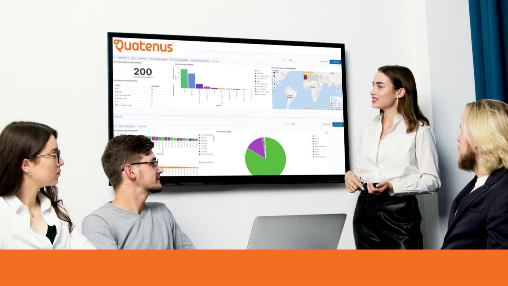 Equipa em reunião a analisar dashboard da plataforma Quatenus com gráficos e dados operacionais