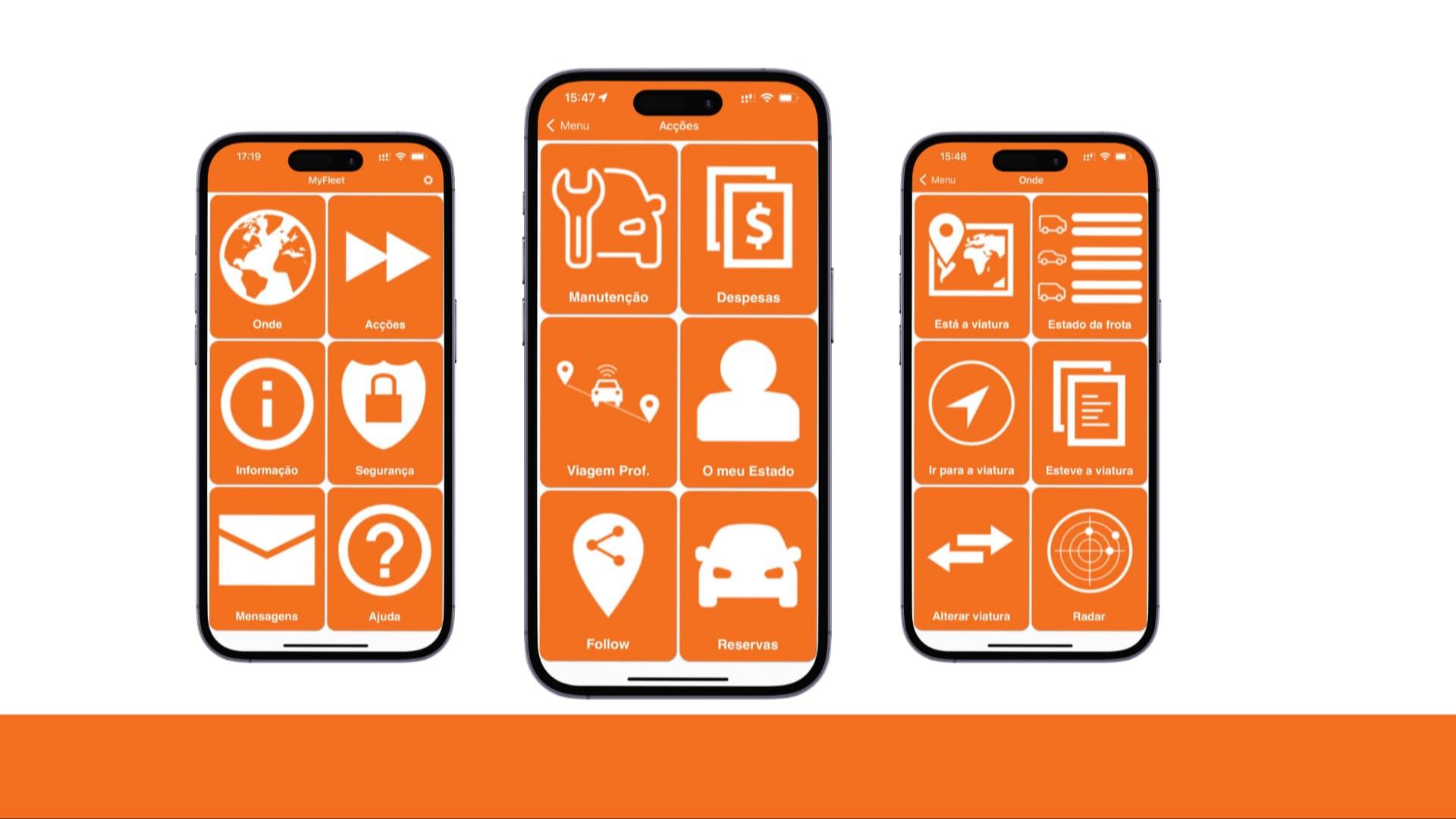 Três smartphones com interfaces móveis da Quatenus, representando aplicações para gestão operacional, equipas e activos