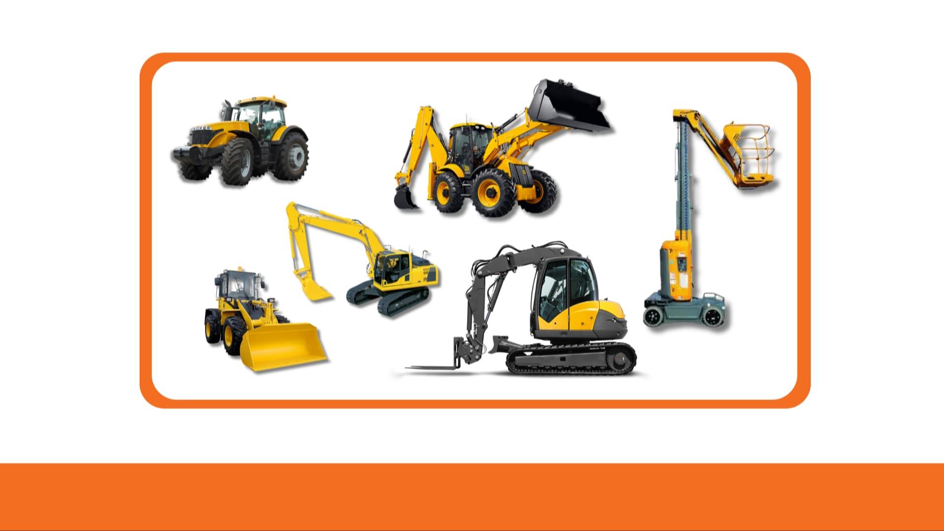 Conjunto de máquinas de construção, representando gestão de equipamentos, activos e operações no terreno